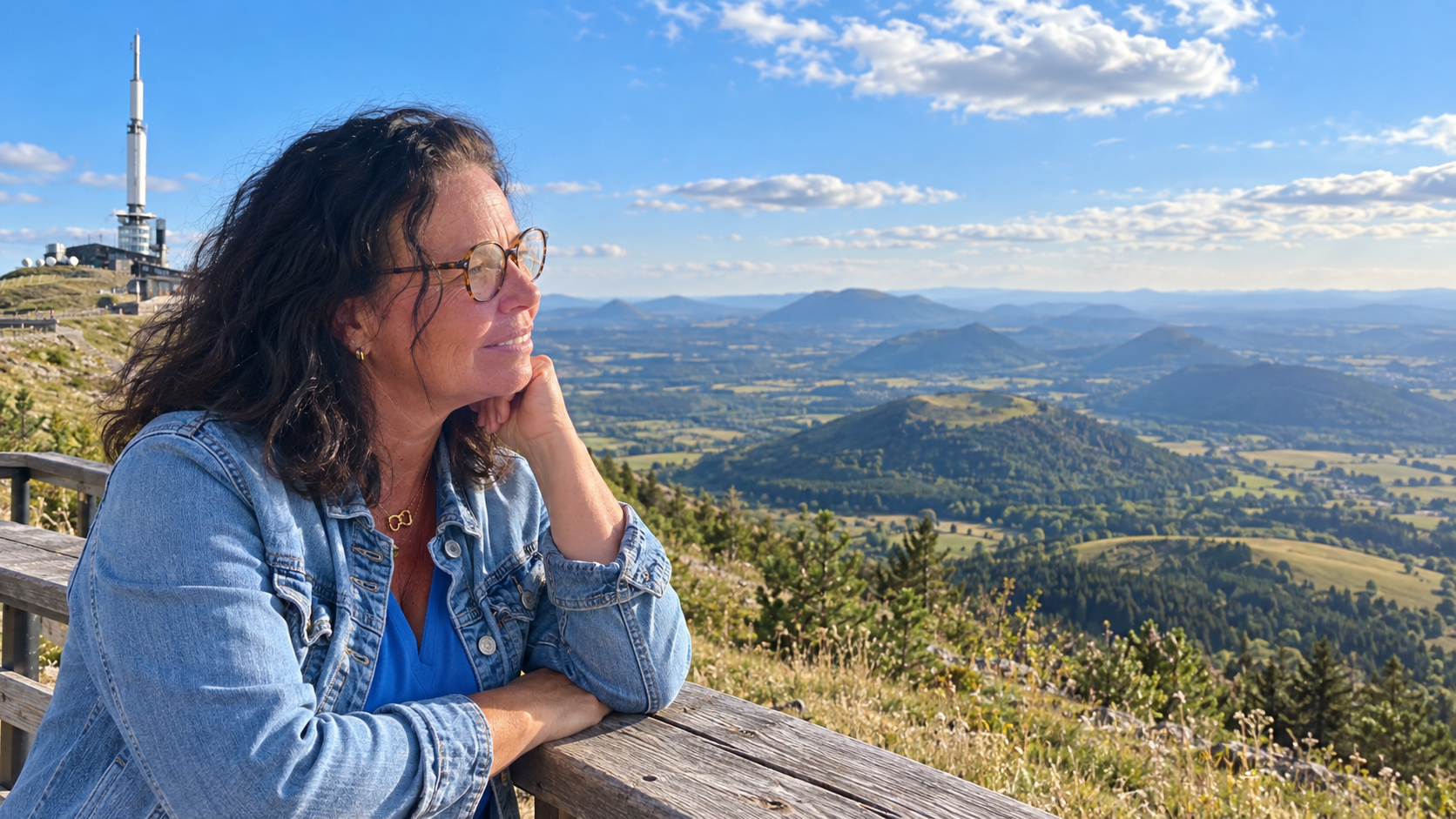 Inge pensive face aux paysages volcaniques d’Auvergne